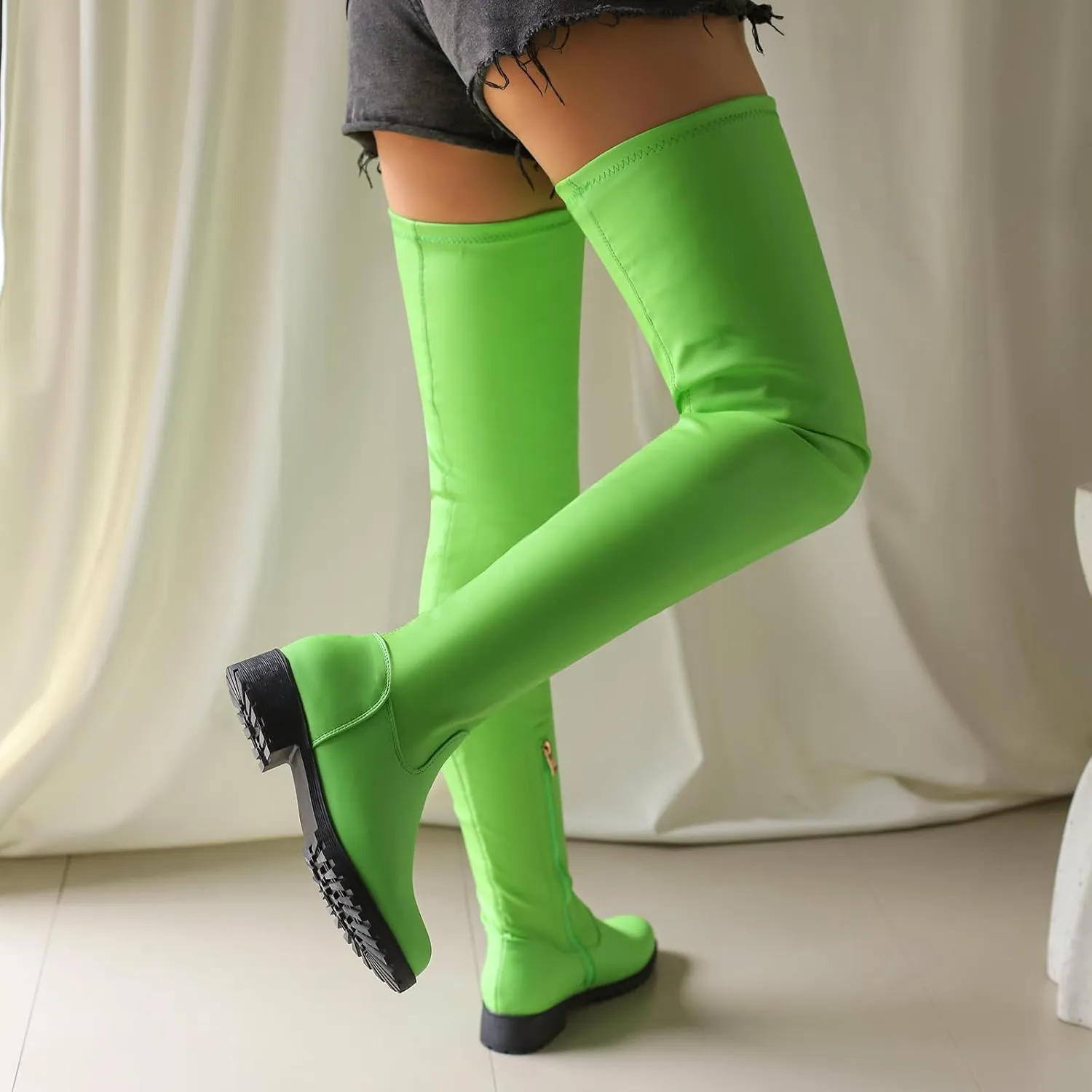Knee High Boots Women Thigh High Over Knee Stretch Fashion Low Chunky Heel Round Toe Zipper Winter Boots Black Red US4.5-14