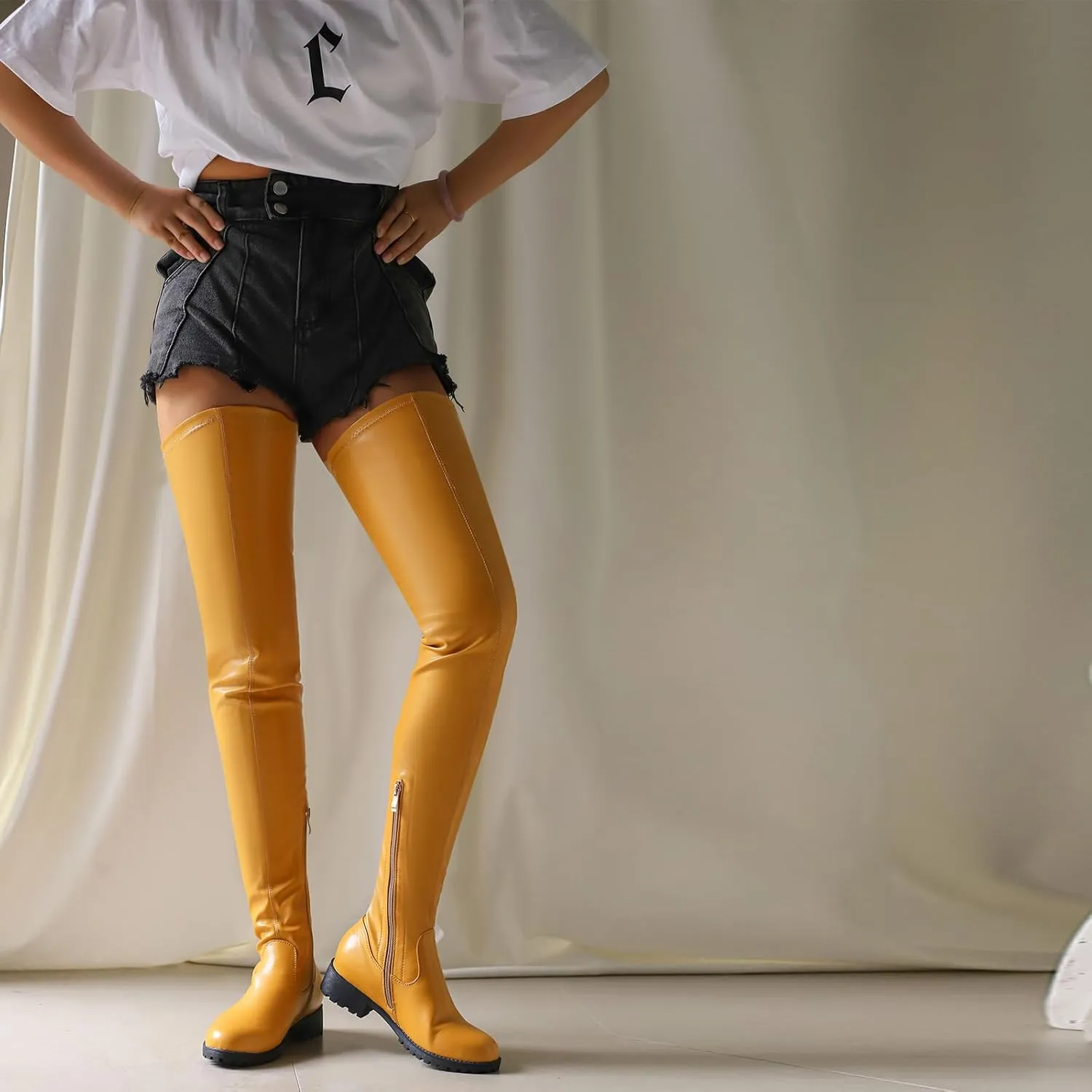 Knee High Boots Women Thigh High Over Knee Stretch Fashion Low Chunky Heel Round Toe Zipper Winter Boots Black Red US4.5-14