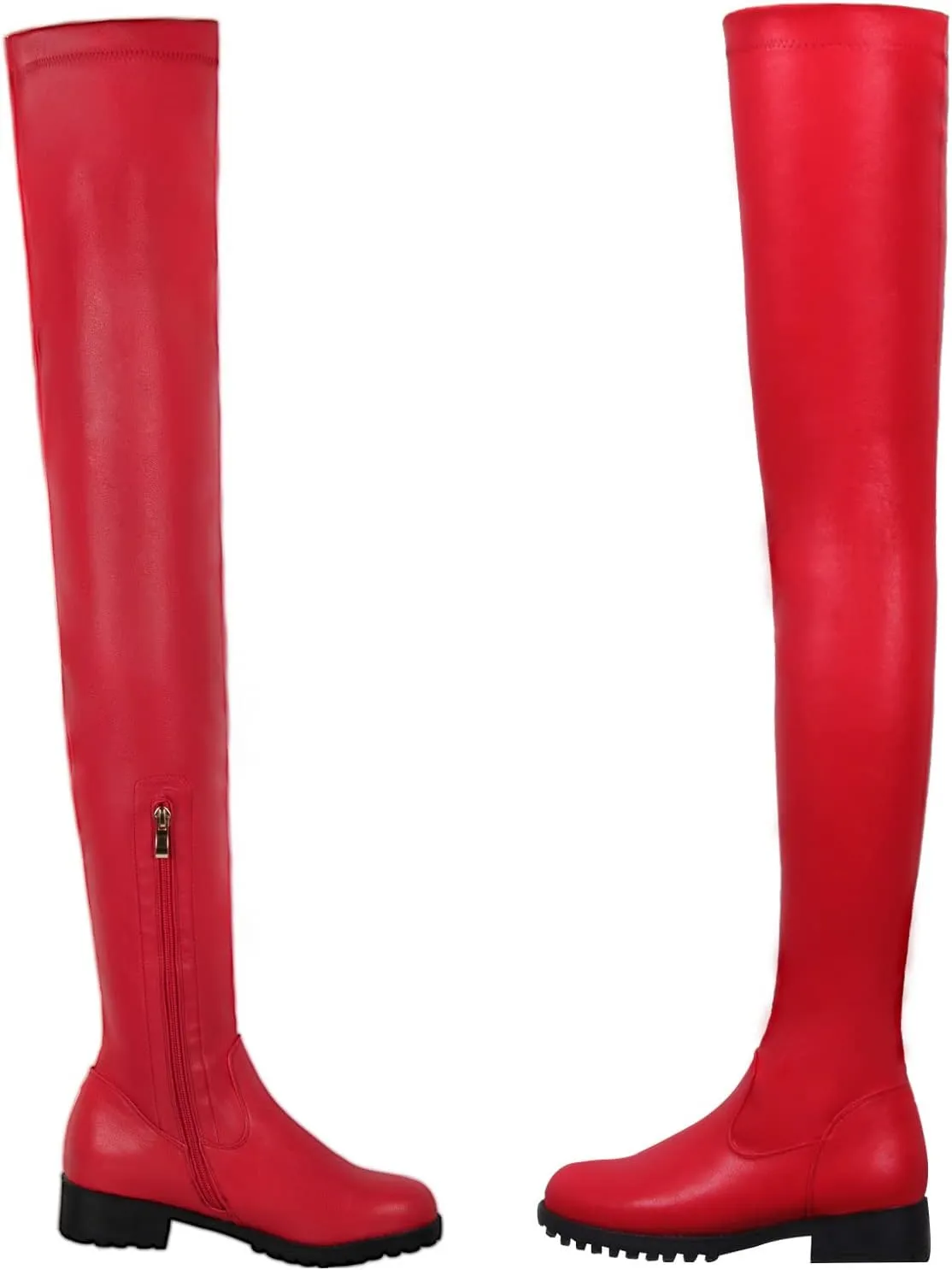 Knee High Boots Women Thigh High Over Knee Stretch Fashion Low Chunky Heel Round Toe Zipper Winter Boots Black Red US4.5-14
