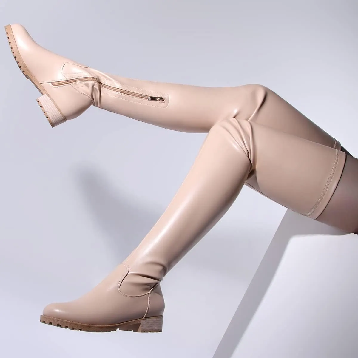 Knee High Boots Women Thigh High Over Knee Stretch Fashion Low Chunky Heel Round Toe Zipper Winter Boots Black Red US4.5-14