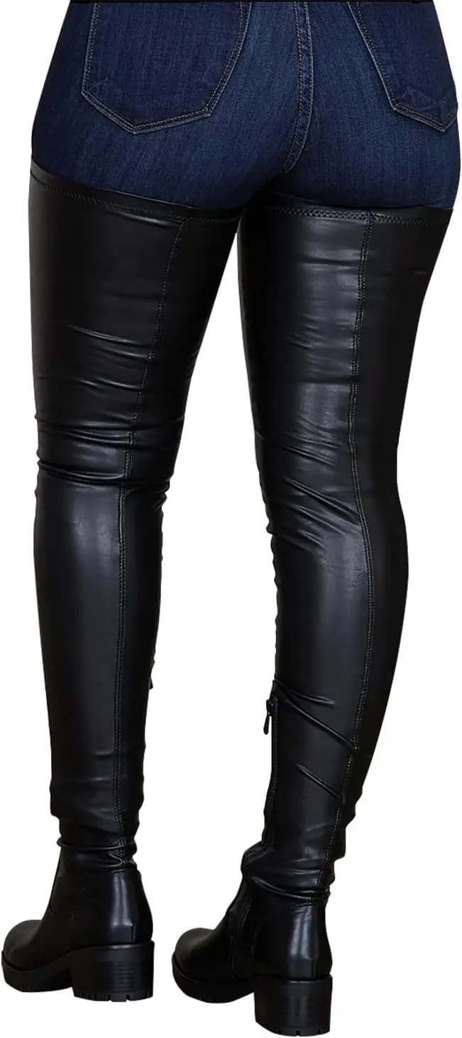 Knee High Boots Women Thigh High Over Knee Stretch Fashion Low Chunky Heel Round Toe Zipper Winter Boots Black Red US4.5-14