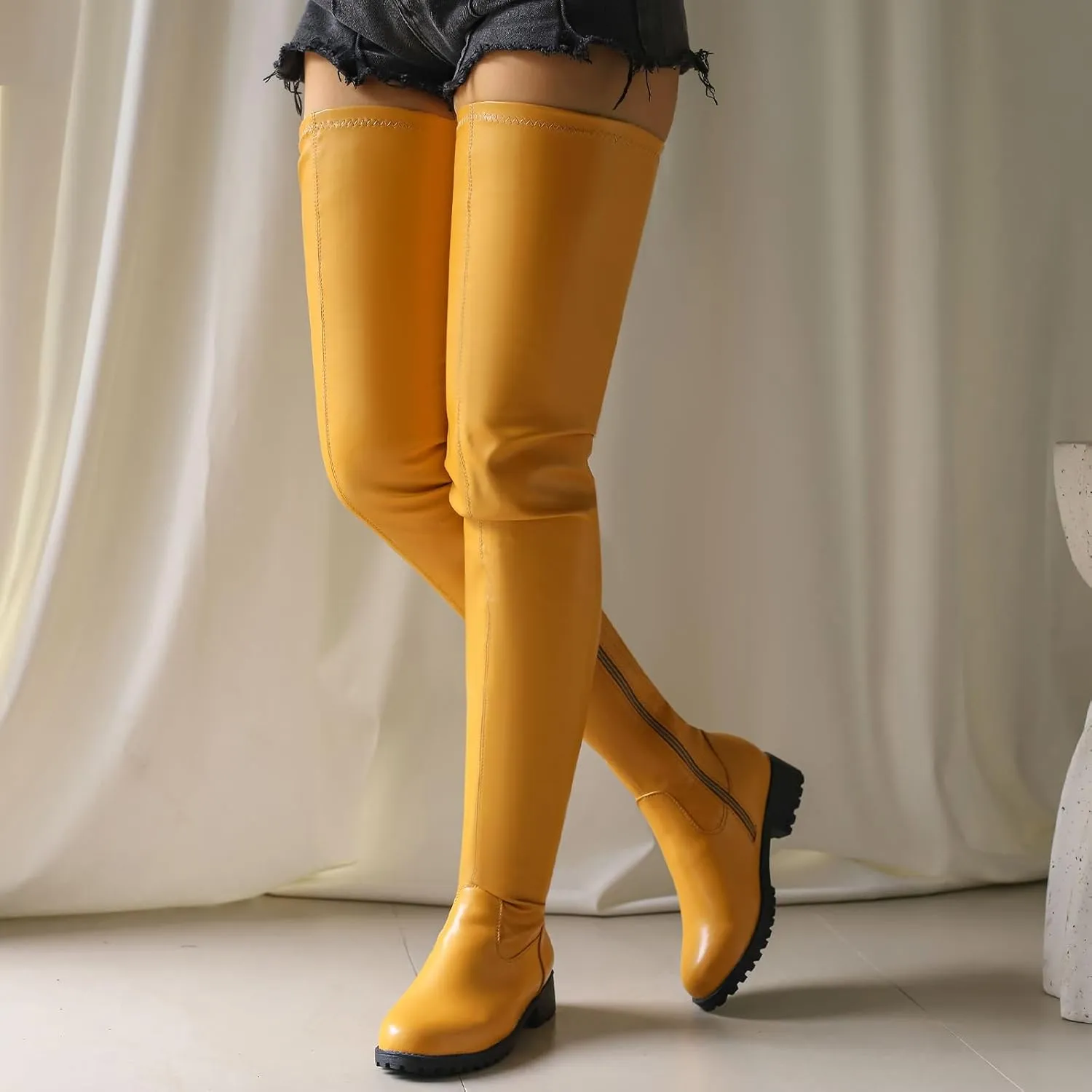 Knee High Boots Women Thigh High Over Knee Stretch Fashion Low Chunky Heel Round Toe Zipper Winter Boots Black Red US4.5-14