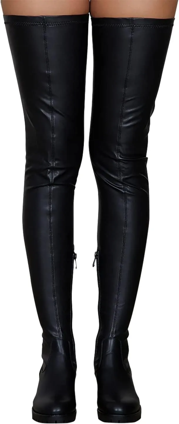 Knee High Boots Women Thigh High Over Knee Stretch Fashion Low Chunky Heel Round Toe Zipper Winter Boots Black Red US4.5-14