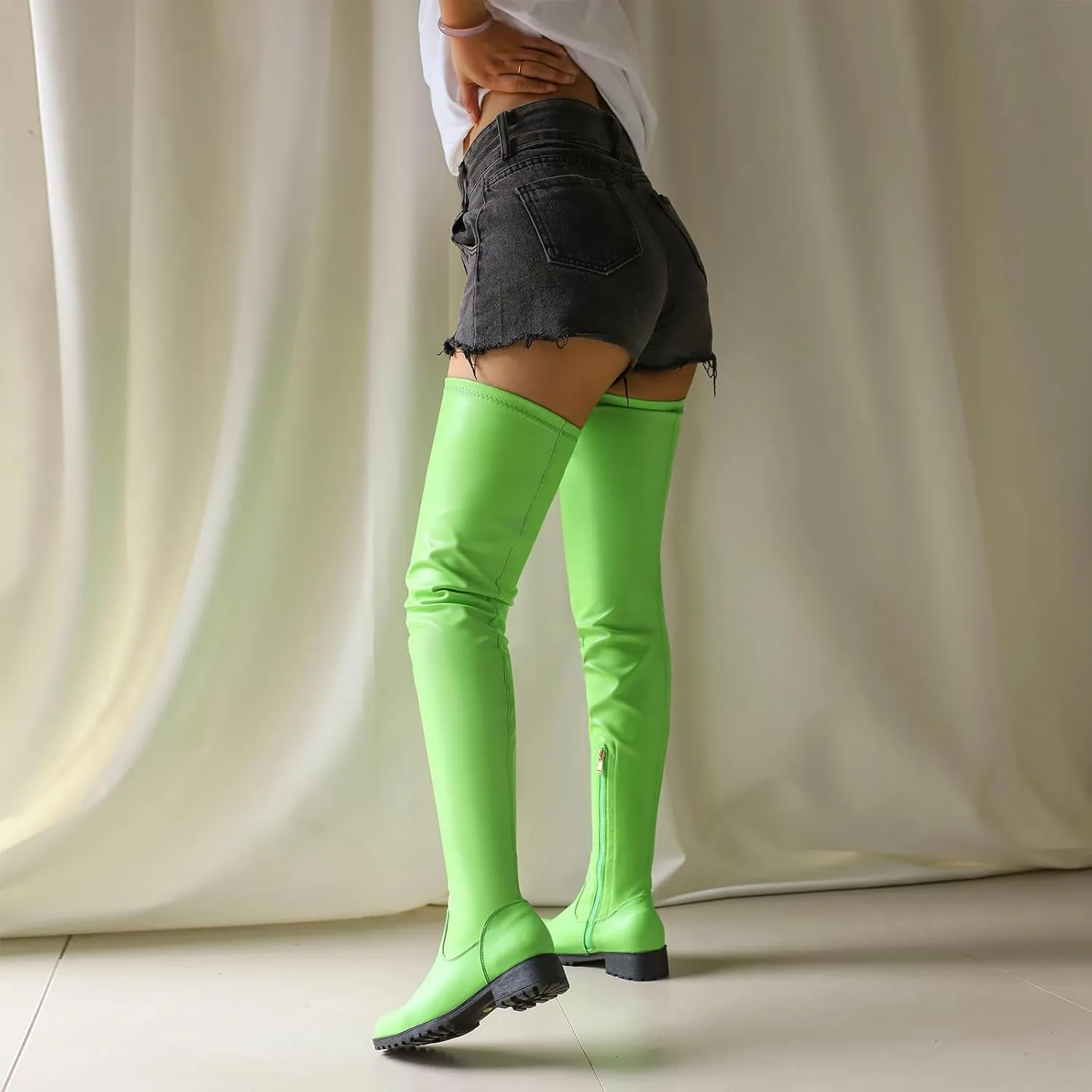 Knee High Boots Women Thigh High Over Knee Stretch Fashion Low Chunky Heel Round Toe Zipper Winter Boots Black Red US4.5-14