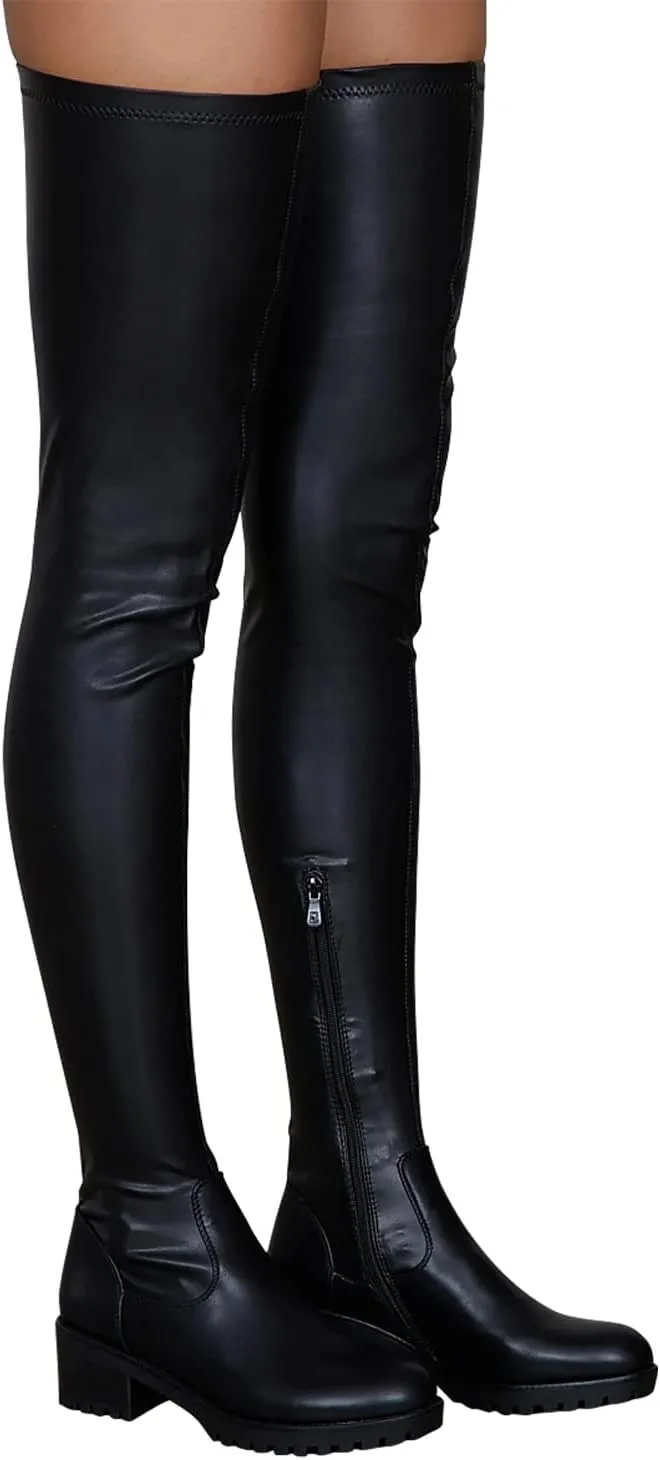 Knee High Boots Women Thigh High Over Knee Stretch Fashion Low Chunky Heel Round Toe Zipper Winter Boots Black Red US4.5-14