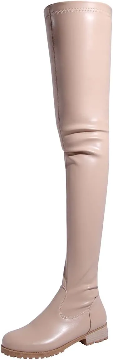 Knee High Boots Women Thigh High Over Knee Stretch Fashion Low Chunky Heel Round Toe Zipper Winter Boots Black Red US4.5-14