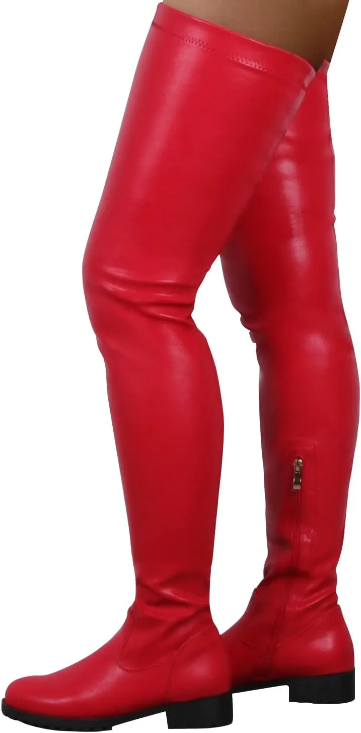 Knee High Boots Women Thigh High Over Knee Stretch Fashion Low Chunky Heel Round Toe Zipper Winter Boots Black Red US4.5-14