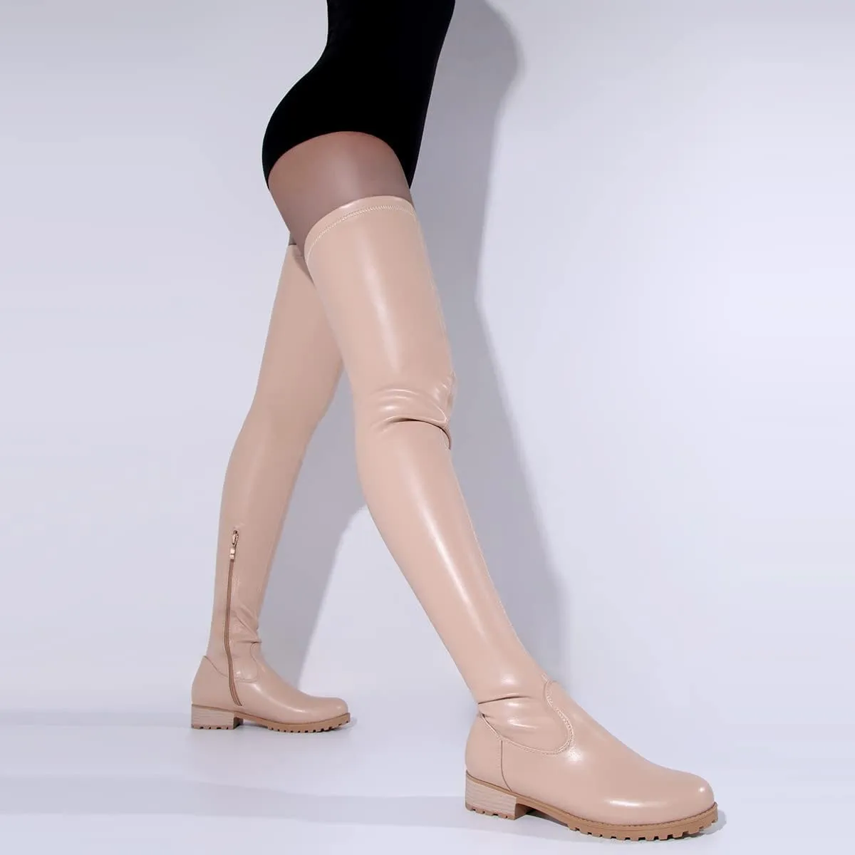 Knee High Boots Women Thigh High Over Knee Stretch Fashion Low Chunky Heel Round Toe Zipper Winter Boots Black Red US4.5-14