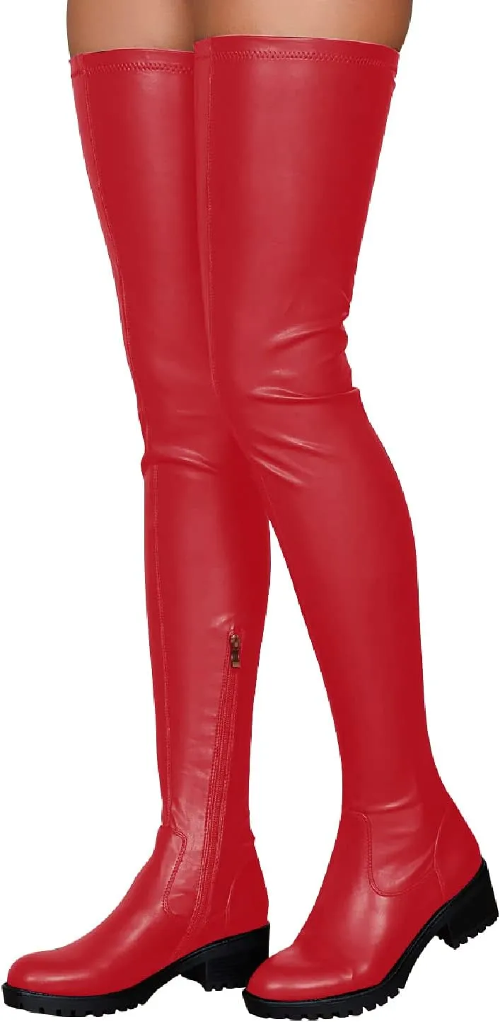 Knee High Boots Women Thigh High Over Knee Stretch Fashion Low Chunky Heel Round Toe Zipper Winter Boots Black Red US4.5-14