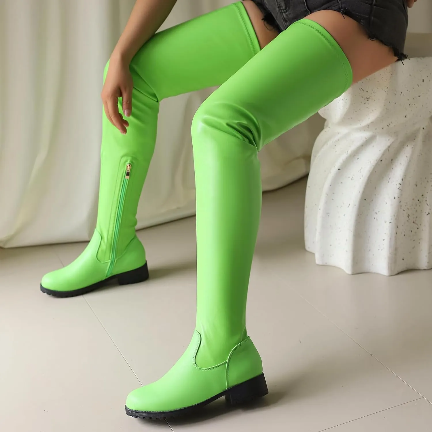Knee High Boots Women Thigh High Over Knee Stretch Fashion Low Chunky Heel Round Toe Zipper Winter Boots Black Red US4.5-14