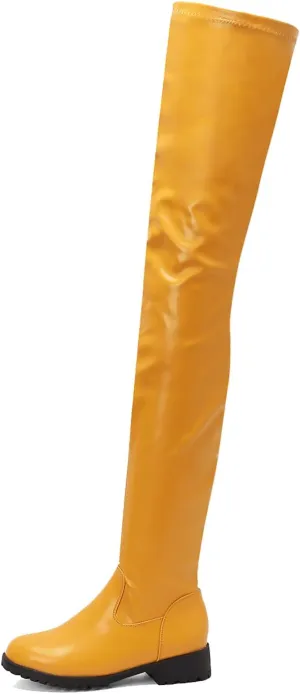 Knee High Boots Women Thigh High Over Knee Stretch Fashion Low Chunky Heel Round Toe Zipper Winter Boots Black Red US4.5-14