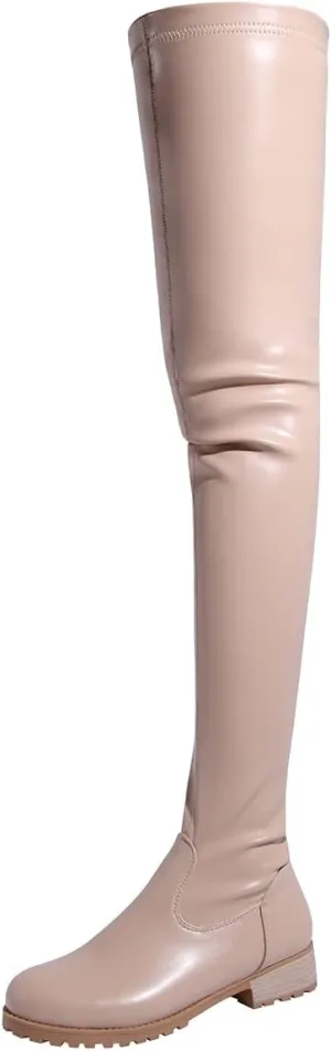 Knee High Boots Women Thigh High Over Knee Stretch Fashion Low Chunky Heel Round Toe Zipper Winter Boots Black Red US4.5-14