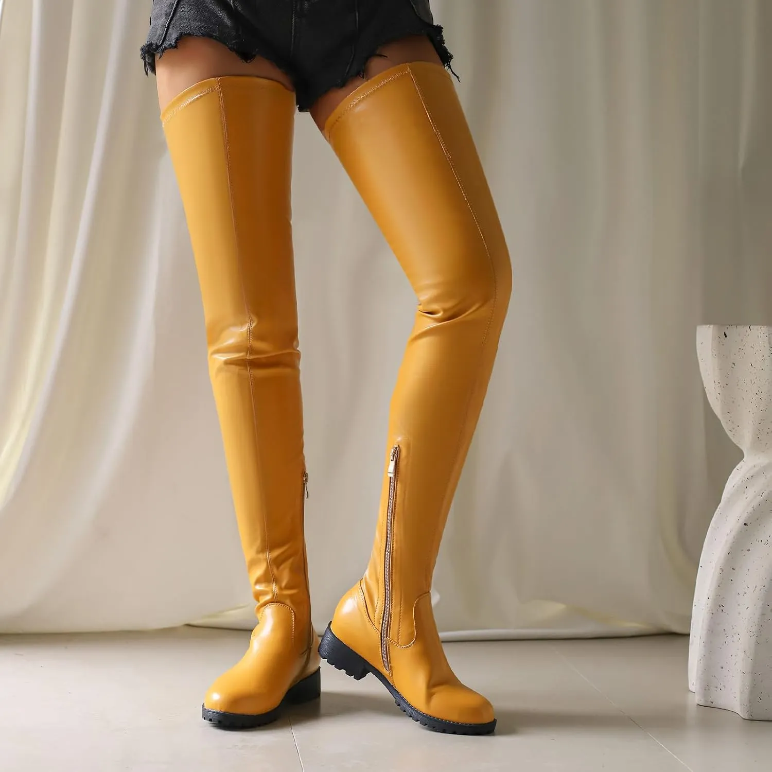 Knee High Boots Women Thigh High Over Knee Stretch Fashion Low Chunky Heel Round Toe Zipper Winter Boots Black Red US4.5-14