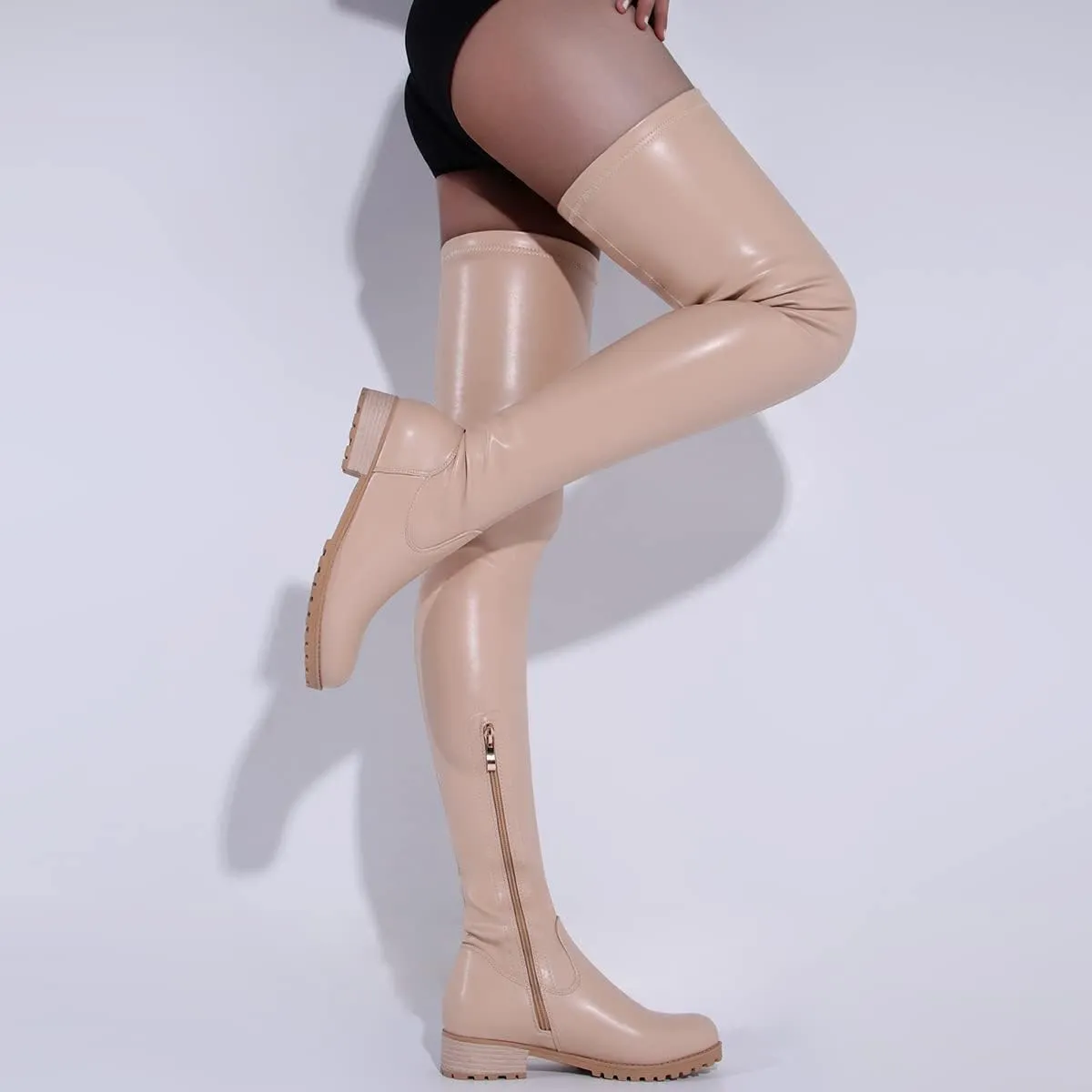 Knee High Boots Women Thigh High Over Knee Stretch Fashion Low Chunky Heel Round Toe Zipper Winter Boots Black Red US4.5-14