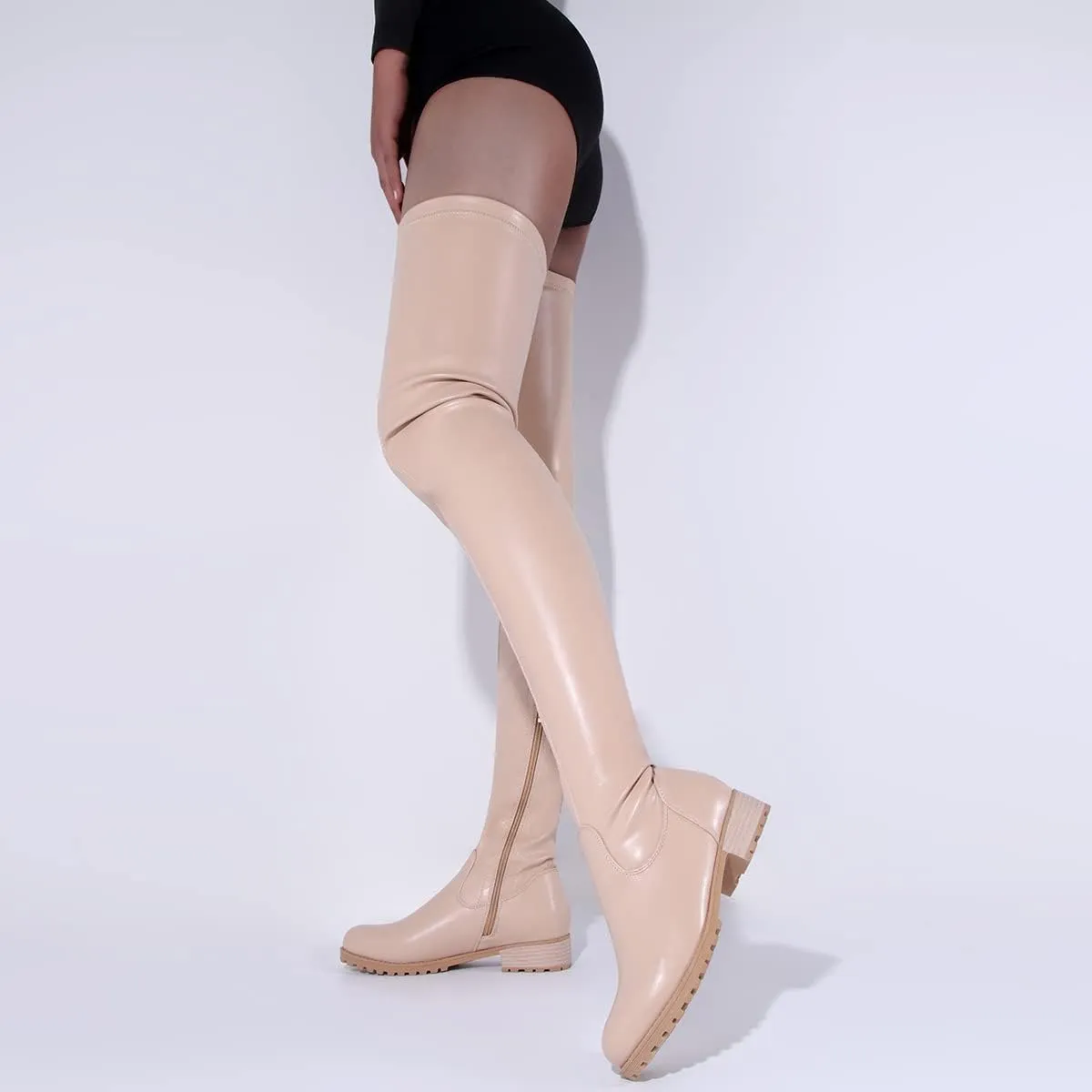 Knee High Boots Women Thigh High Over Knee Stretch Fashion Low Chunky Heel Round Toe Zipper Winter Boots Black Red US4.5-14