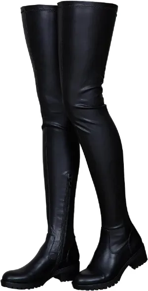 Knee High Boots Women Thigh High Over Knee Stretch Fashion Low Chunky Heel Round Toe Zipper Winter Boots Black Red US4.5-14
