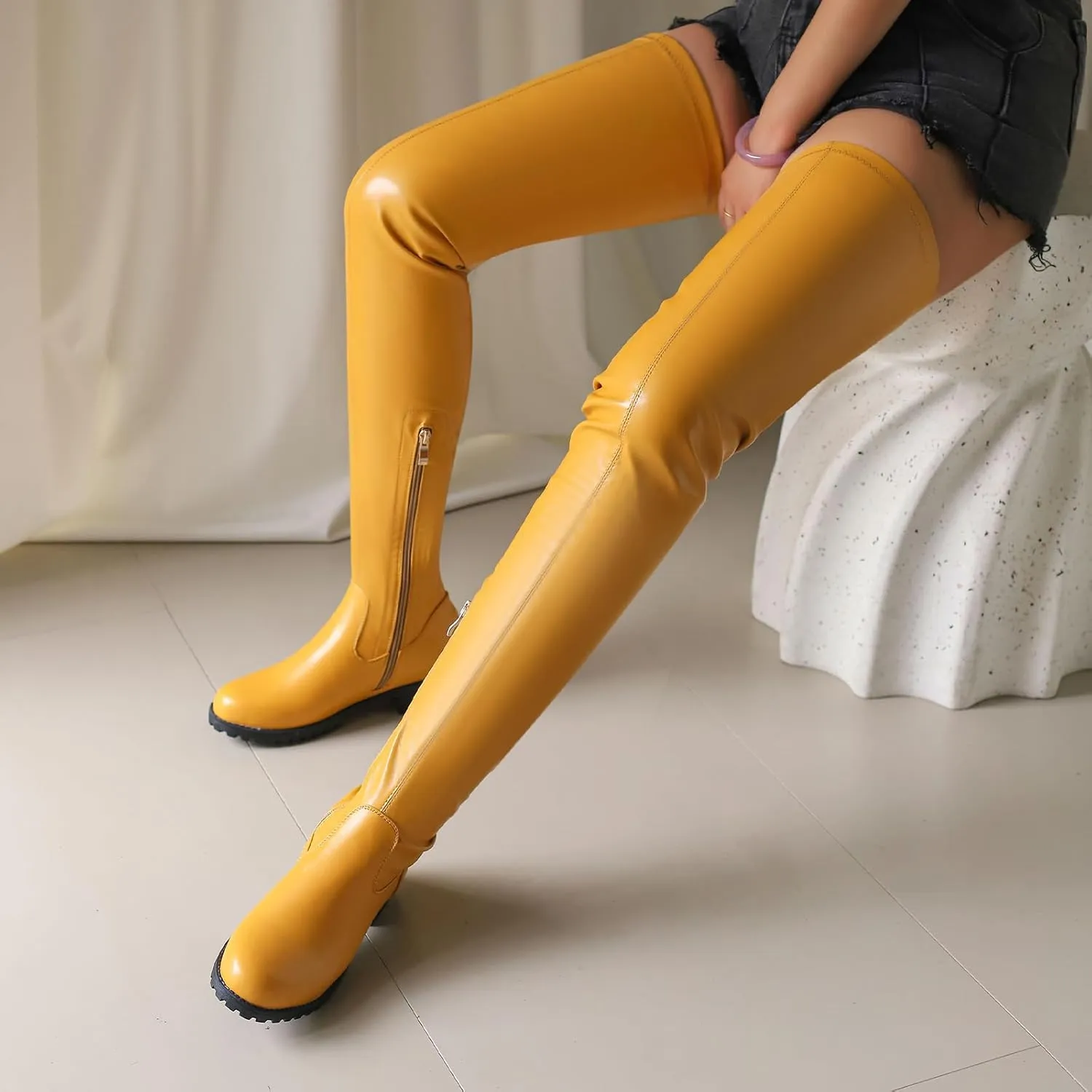 Knee High Boots Women Thigh High Over Knee Stretch Fashion Low Chunky Heel Round Toe Zipper Winter Boots Black Red US4.5-14