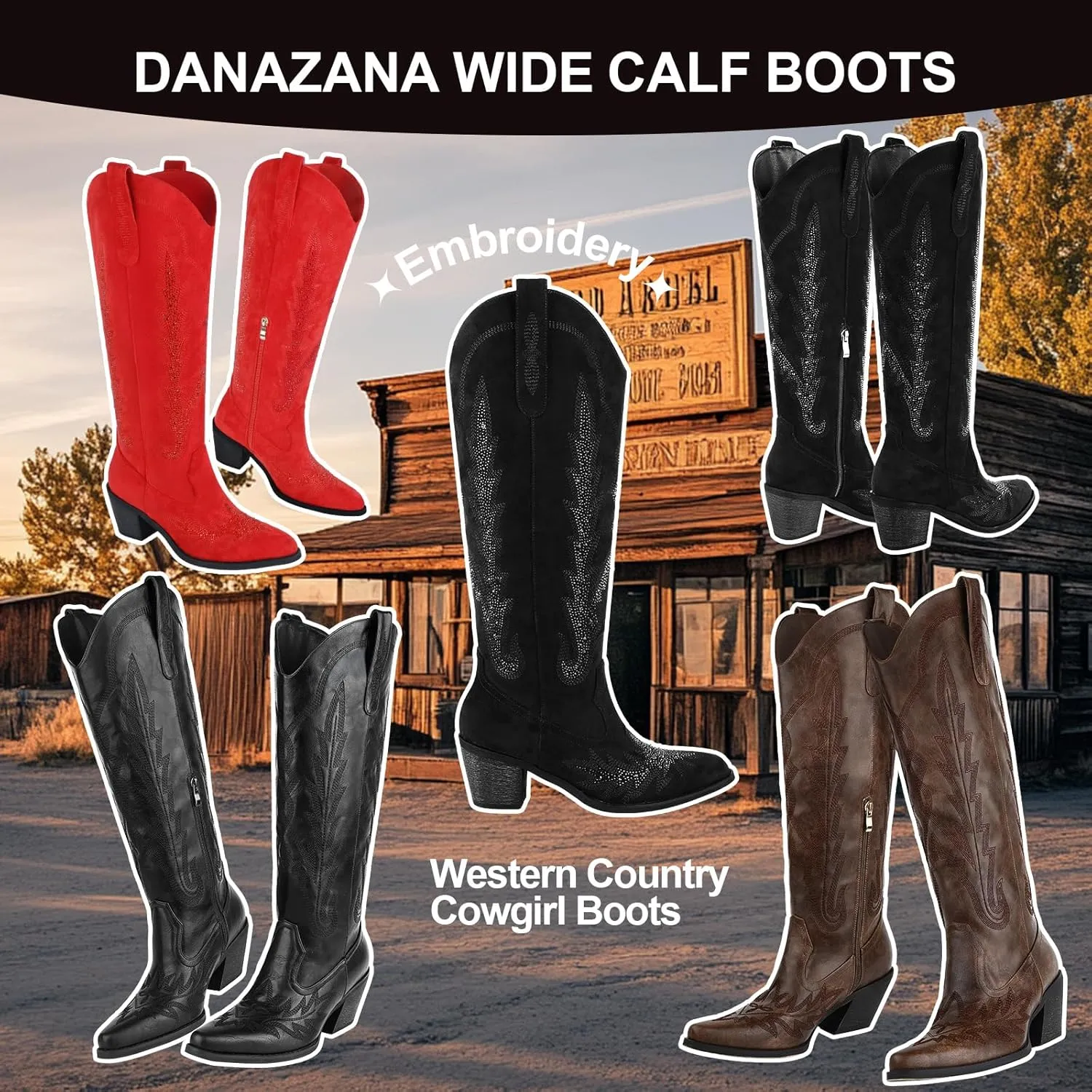 Knee High Cowgirl Boots Women Wide Calf Pointed Toe Embroidered Boots With Side Half Zip Rhinestones Boots For Lady Cowboy Boots Size 7-10