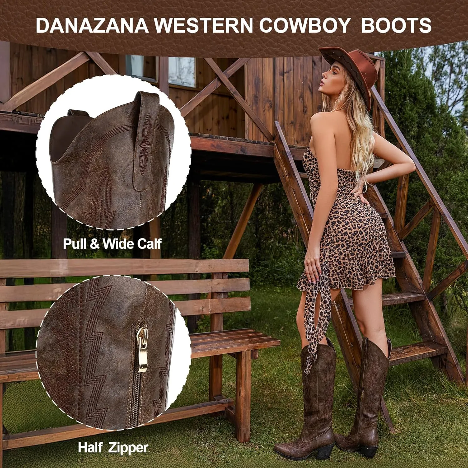 Knee High Cowgirl Boots Women Wide Calf Pointed Toe Embroidered Boots With Side Half Zip Rhinestones Boots For Lady Cowboy Boots Size 7-10