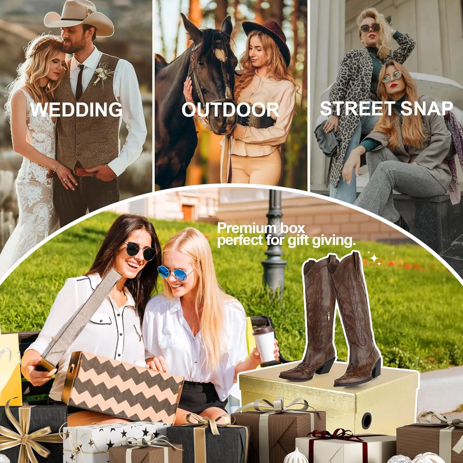 Knee High Cowgirl Boots Women Wide Calf Pointed Toe Embroidered Boots With Side Half Zip Rhinestones Boots For Lady Cowboy Boots Size 7-10
