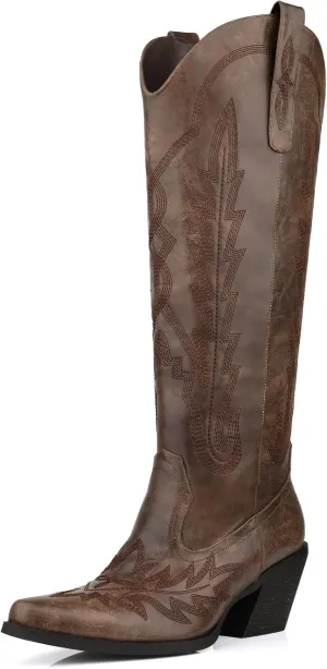 Knee High Cowgirl Boots Women Wide Calf Pointed Toe Embroidered Boots With Side Half Zip Rhinestones Boots For Lady Cowboy Boots Size 7-10