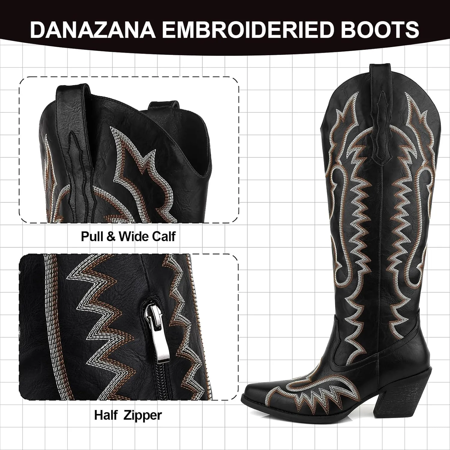 Knee High Embroidered Cowboy Boots Women Wide Calf Boots With Half Zip Western Pointed Toe Cowgirl Boots For Lady Size 7-10