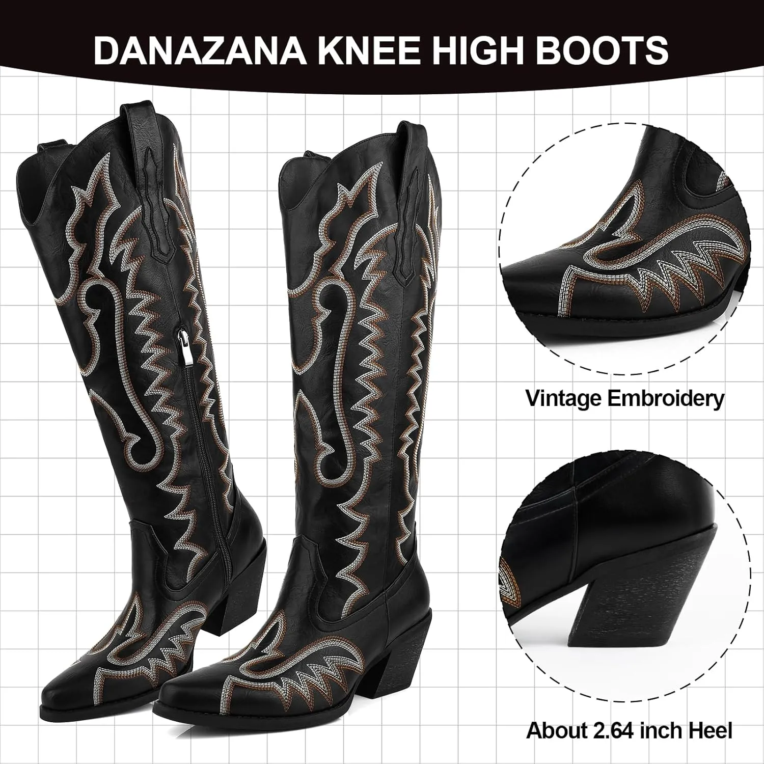 Knee High Embroidered Cowboy Boots Women Wide Calf Boots With Half Zip Western Pointed Toe Cowgirl Boots For Lady Size 7-10