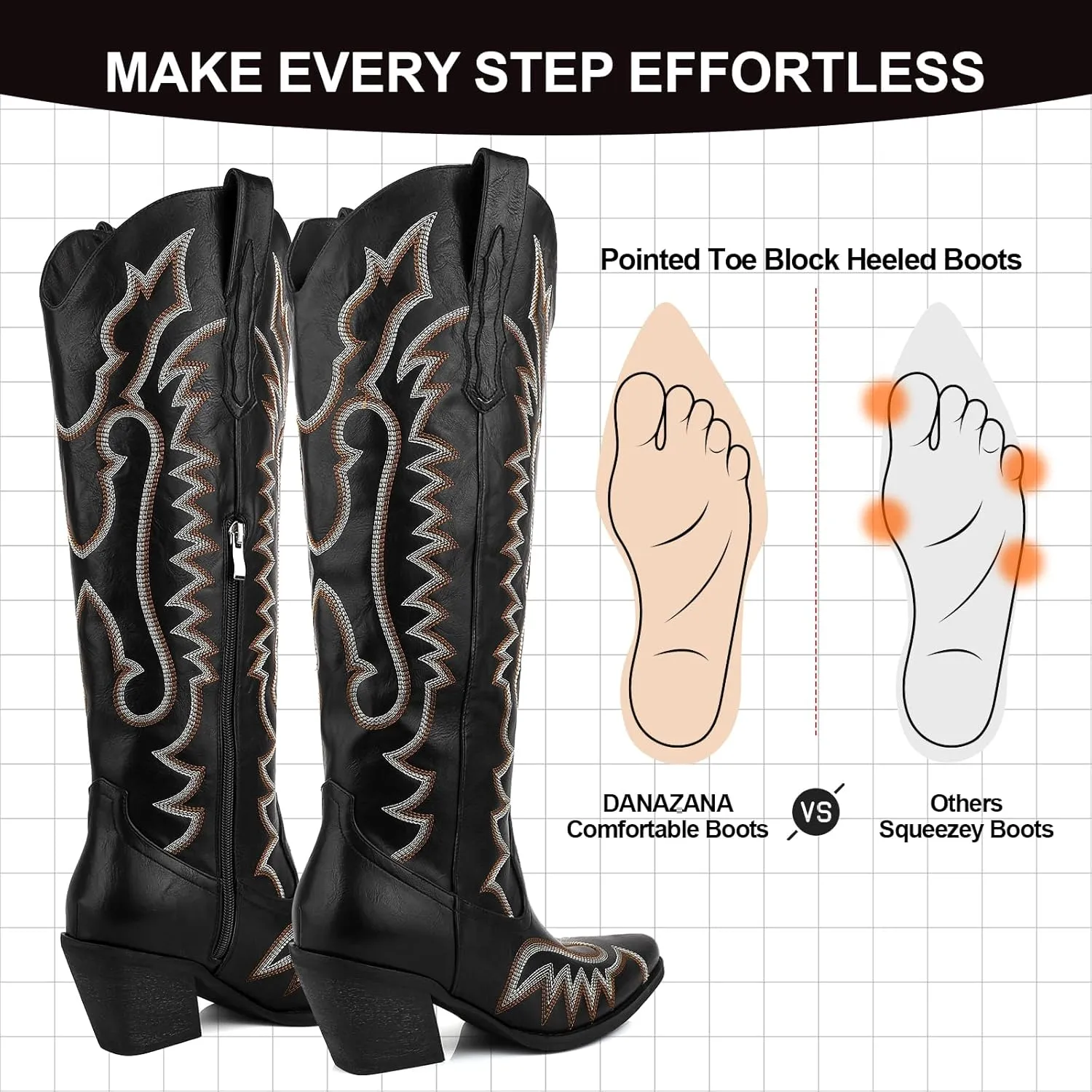 Knee High Embroidered Cowboy Boots Women Wide Calf Boots With Half Zip Western Pointed Toe Cowgirl Boots For Lady Size 7-10