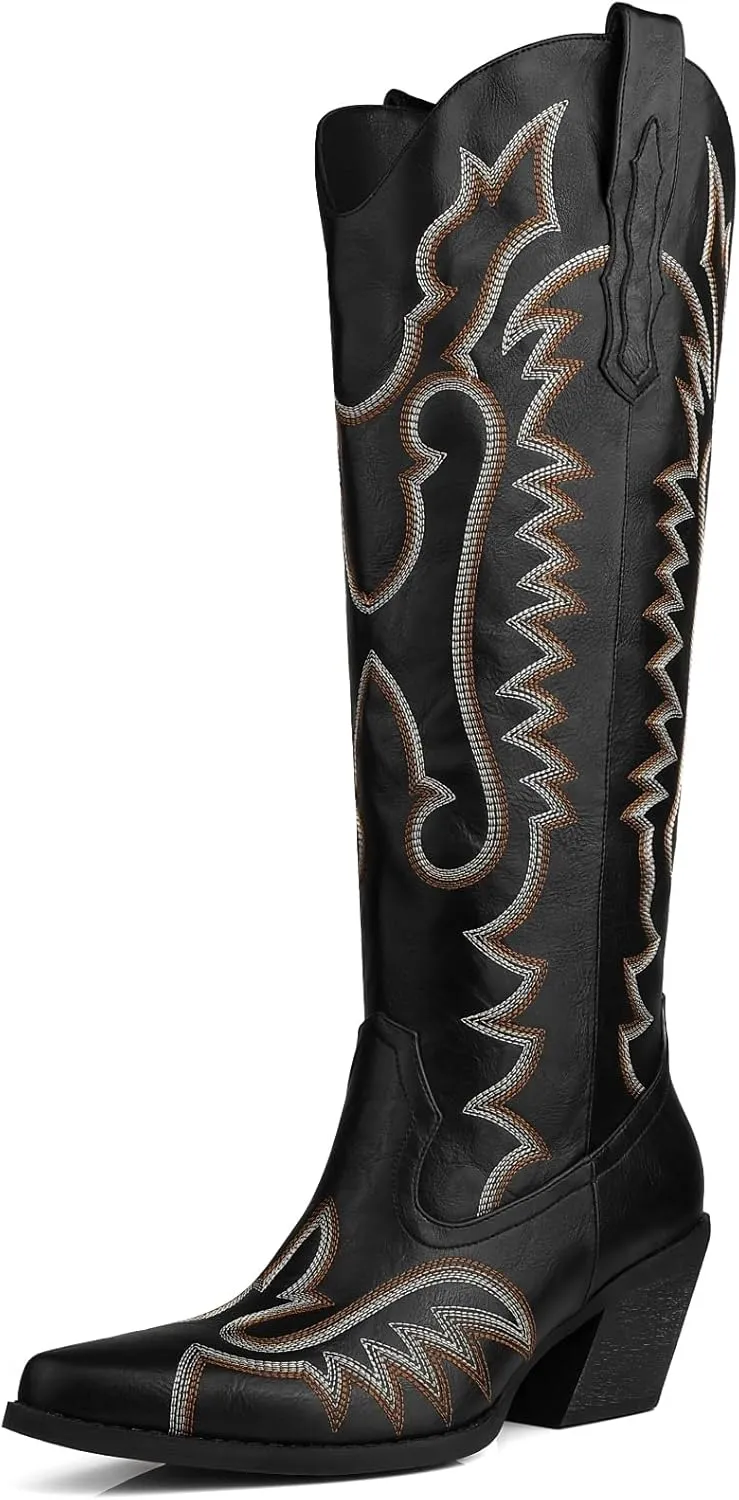 Knee High Embroidered Cowboy Boots Women Wide Calf Boots With Half Zip Western Pointed Toe Cowgirl Boots For Lady Size 7-10