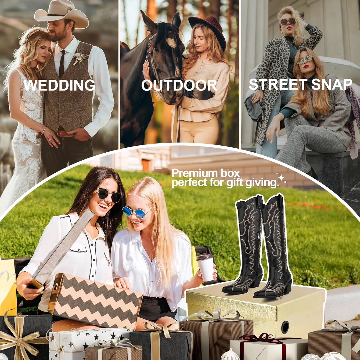 Knee High Embroidered Cowboy Boots Women Wide Calf Boots With Half Zip Western Pointed Toe Cowgirl Boots For Lady Size 7-10