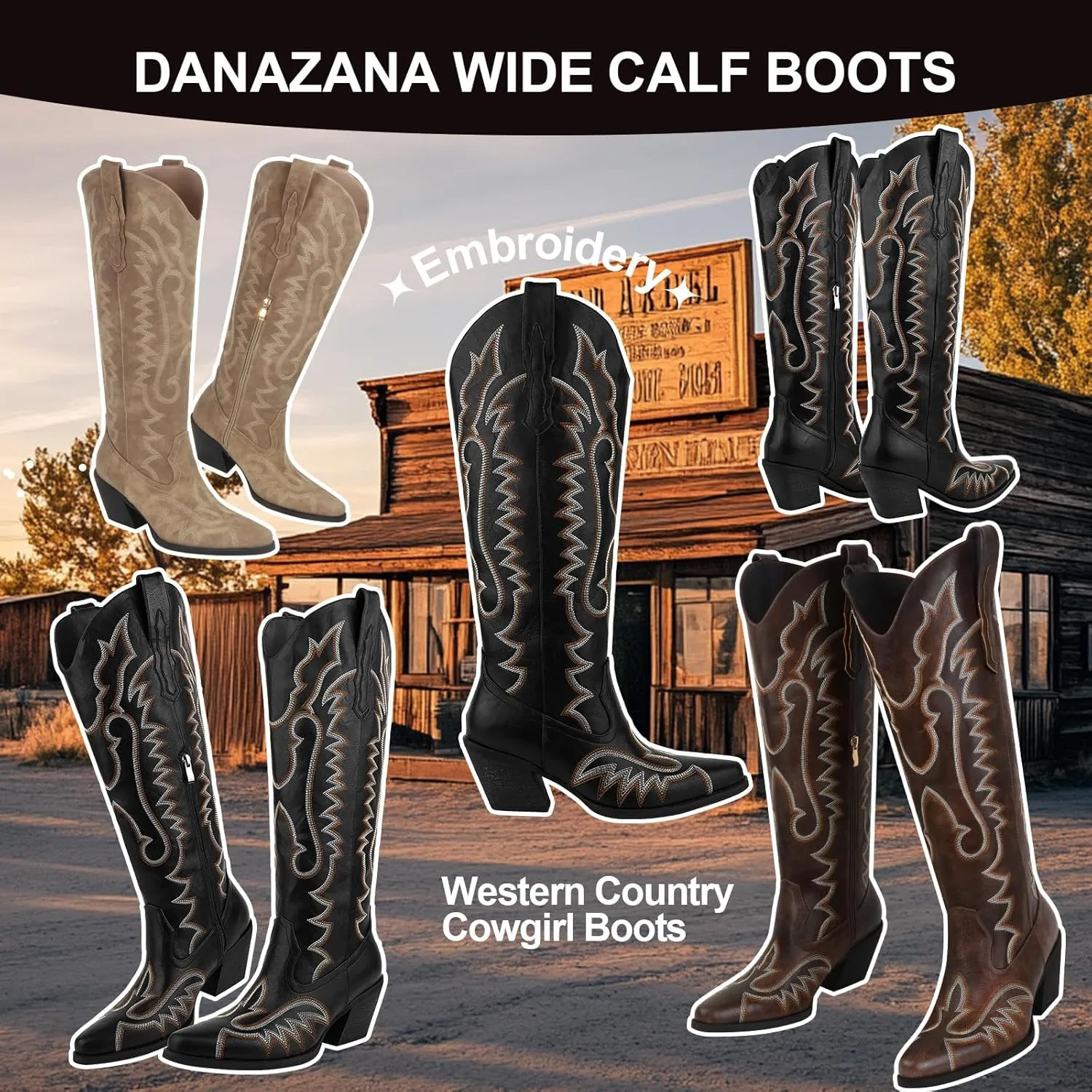 Knee High Embroidered Cowboy Boots Women Wide Calf Boots With Half Zip Western Pointed Toe Cowgirl Boots For Lady Size 7-10