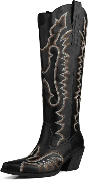 Knee High Embroidered Cowboy Boots Women Wide Calf Boots With Half Zip Western Pointed Toe Cowgirl Boots For Lady Size 7-10