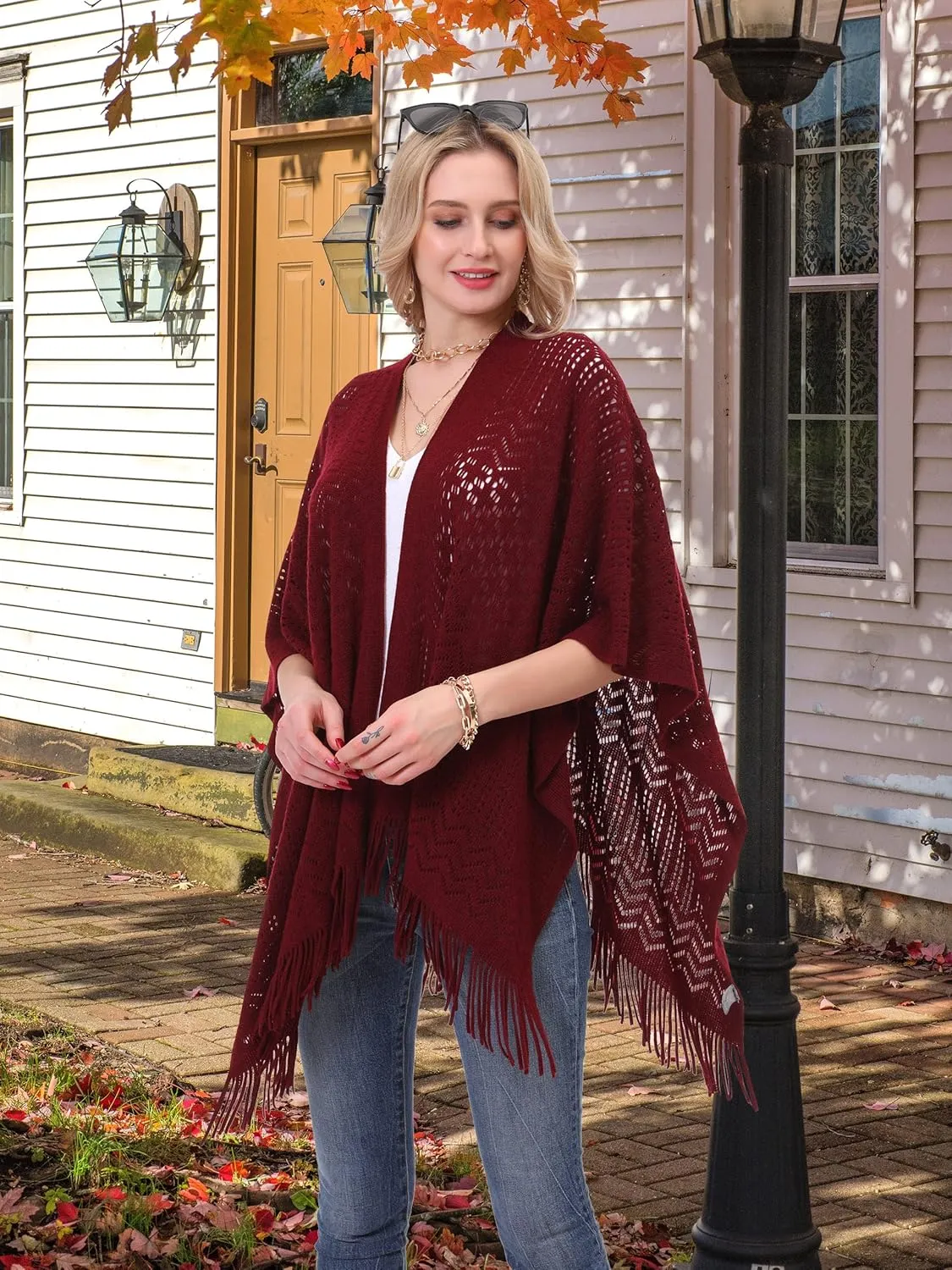 Knit Shawl Wrap for Women - Soul Young Ladies Fringe Knitted Poncho Cardigan Cape