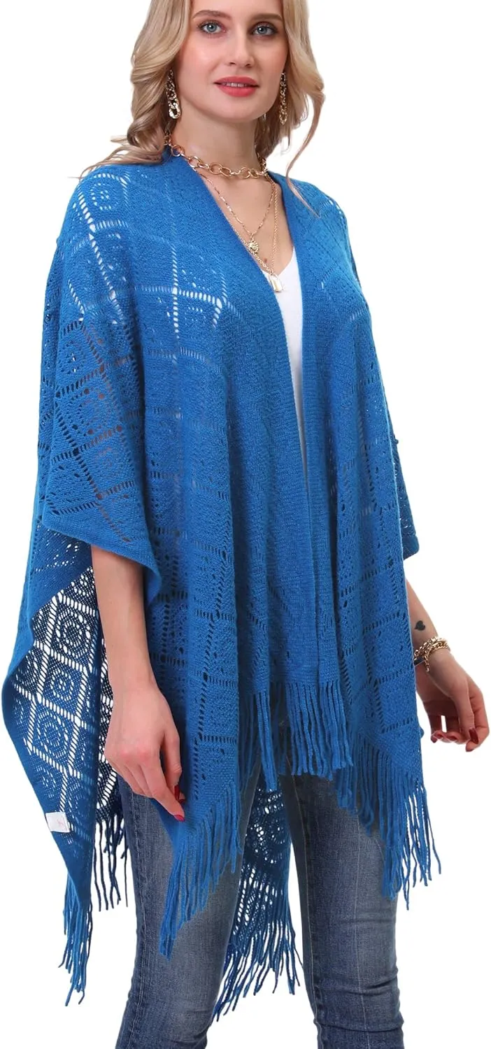 Knit Shawl Wrap for Women - Soul Young Ladies Fringe Knitted Poncho Cardigan Cape