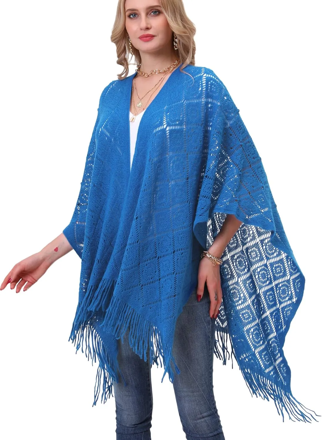 Knit Shawl Wrap for Women - Soul Young Ladies Fringe Knitted Poncho Cardigan Cape