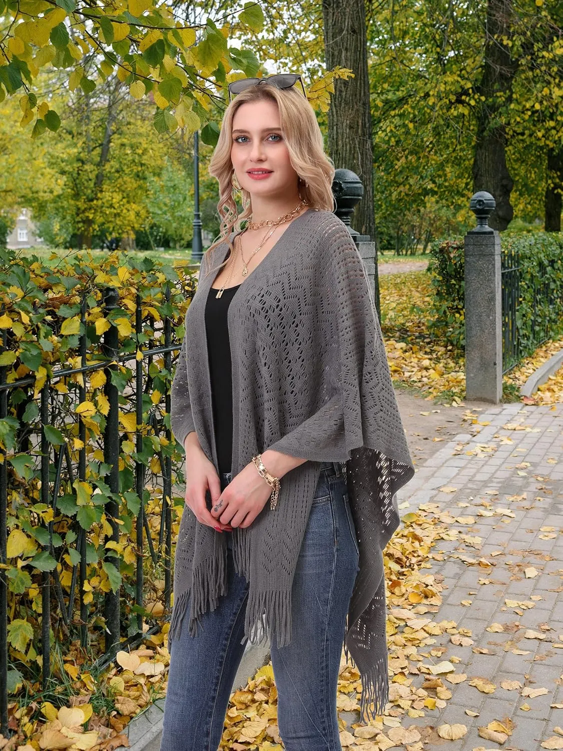Knit Shawl Wrap for Women - Soul Young Ladies Fringe Knitted Poncho Cardigan Cape