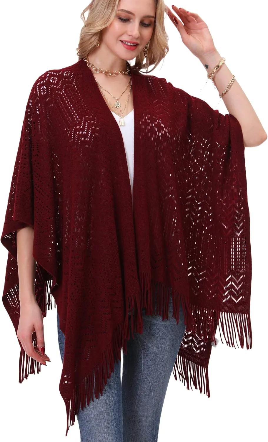 Knit Shawl Wrap for Women - Soul Young Ladies Fringe Knitted Poncho Cardigan Cape