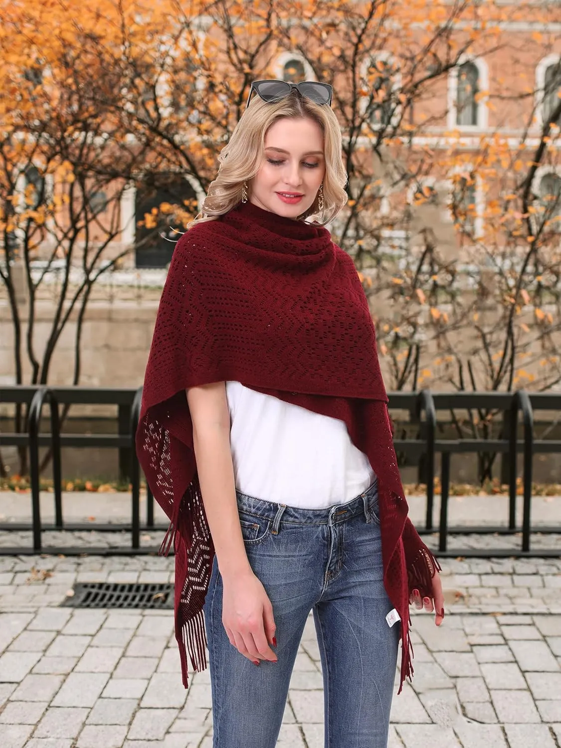 Knit Shawl Wrap for Women - Soul Young Ladies Fringe Knitted Poncho Cardigan Cape