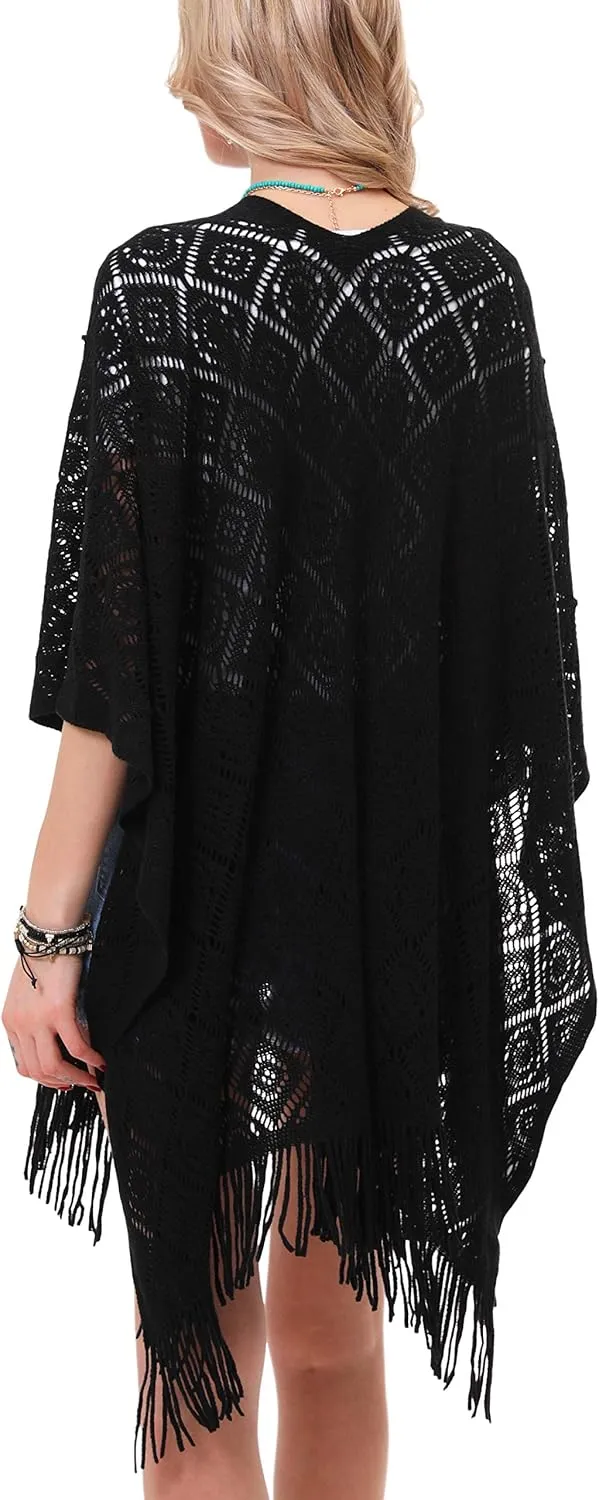 Knit Shawl Wrap for Women - Soul Young Ladies Fringe Knitted Poncho Cardigan Cape