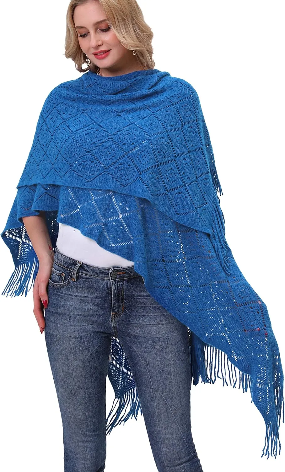 Knit Shawl Wrap for Women - Soul Young Ladies Fringe Knitted Poncho Cardigan Cape
