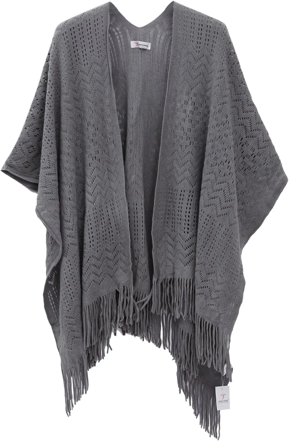 Knit Shawl Wrap for Women - Soul Young Ladies Fringe Knitted Poncho Cardigan Cape
