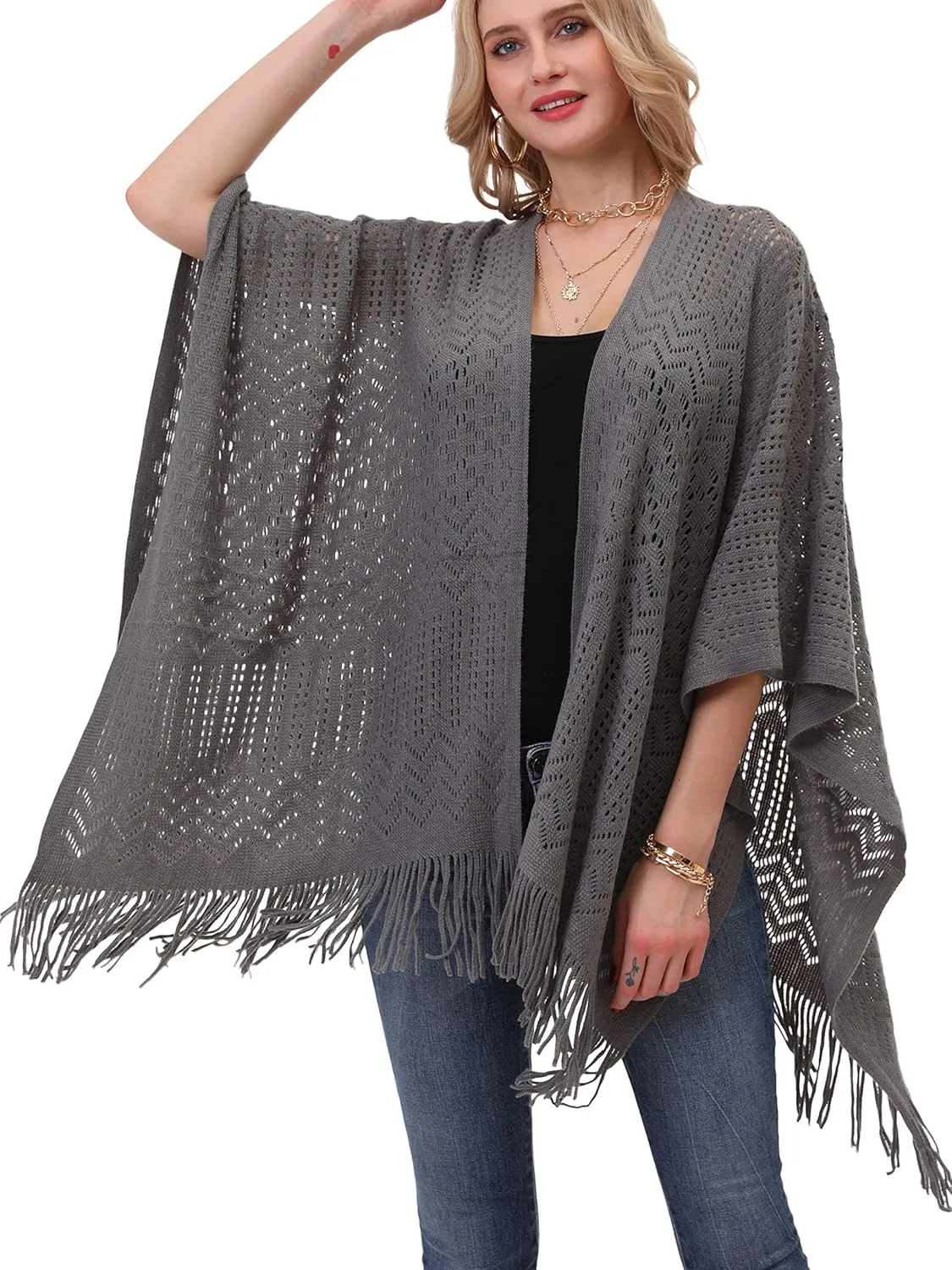 Knit Shawl Wrap for Women - Soul Young Ladies Fringe Knitted Poncho Cardigan Cape