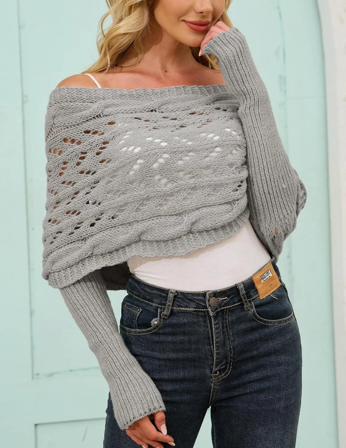 Knitted Cable Wrap, Scarf for Women, Hollow Out Crochet Cocoon Shrugs, 2024 Trendy Knit Sweater Scarf with Sleeves