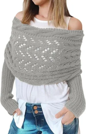 Knitted Cable Wrap, Scarf for Women, Hollow Out Crochet Cocoon Shrugs, 2024 Trendy Knit Sweater Scarf with Sleeves
