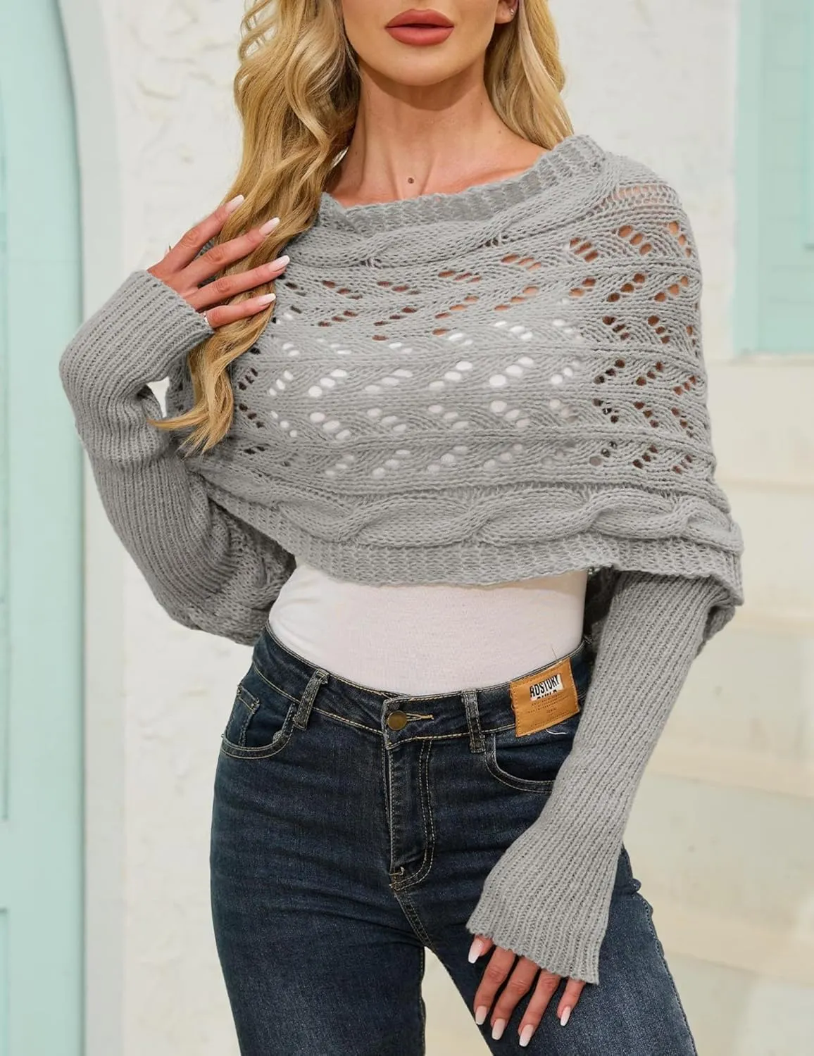 Knitted Cable Wrap, Scarf for Women, Hollow Out Crochet Cocoon Shrugs, 2024 Trendy Knit Sweater Scarf with Sleeves