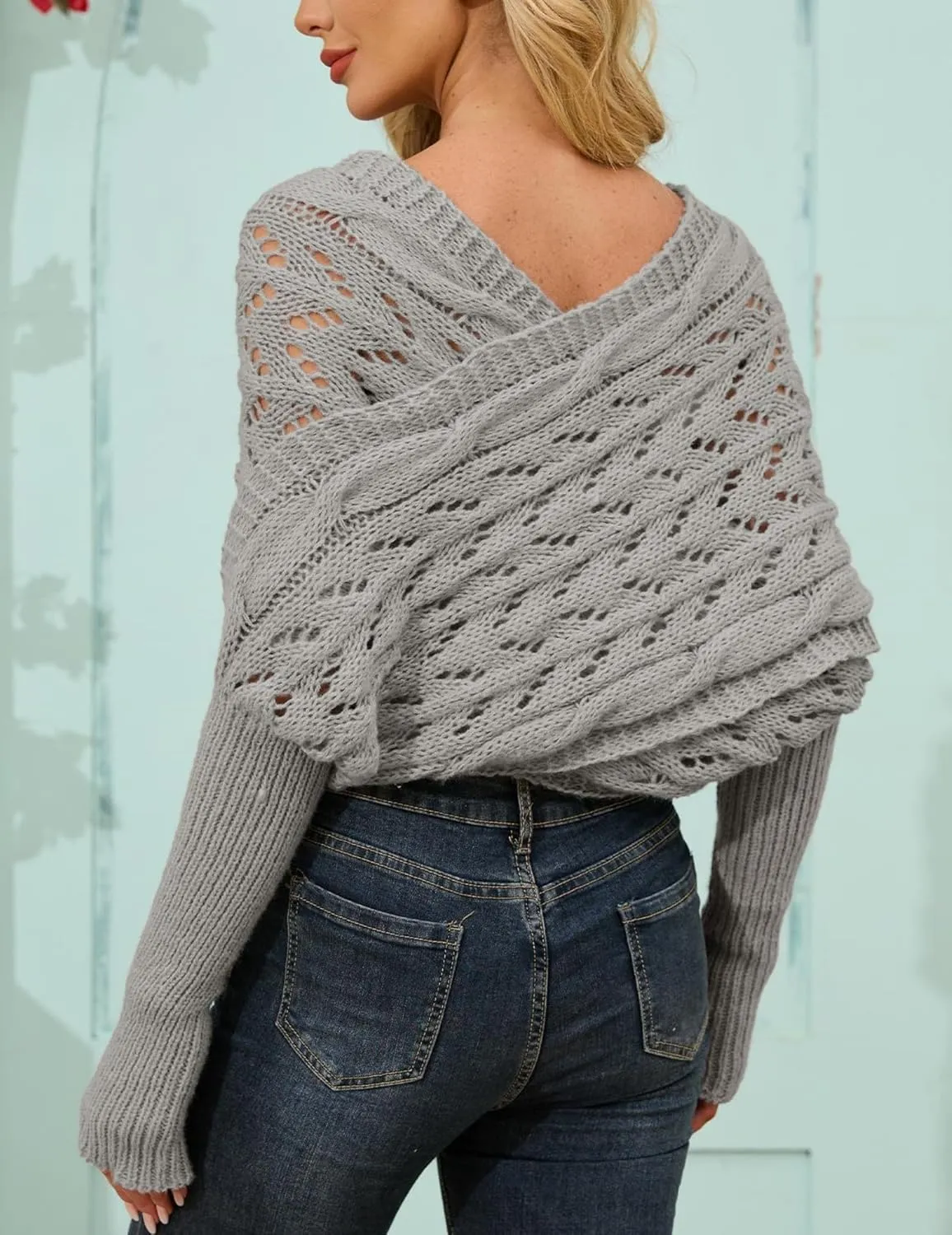 Knitted Cable Wrap, Scarf for Women, Hollow Out Crochet Cocoon Shrugs, 2024 Trendy Knit Sweater Scarf with Sleeves