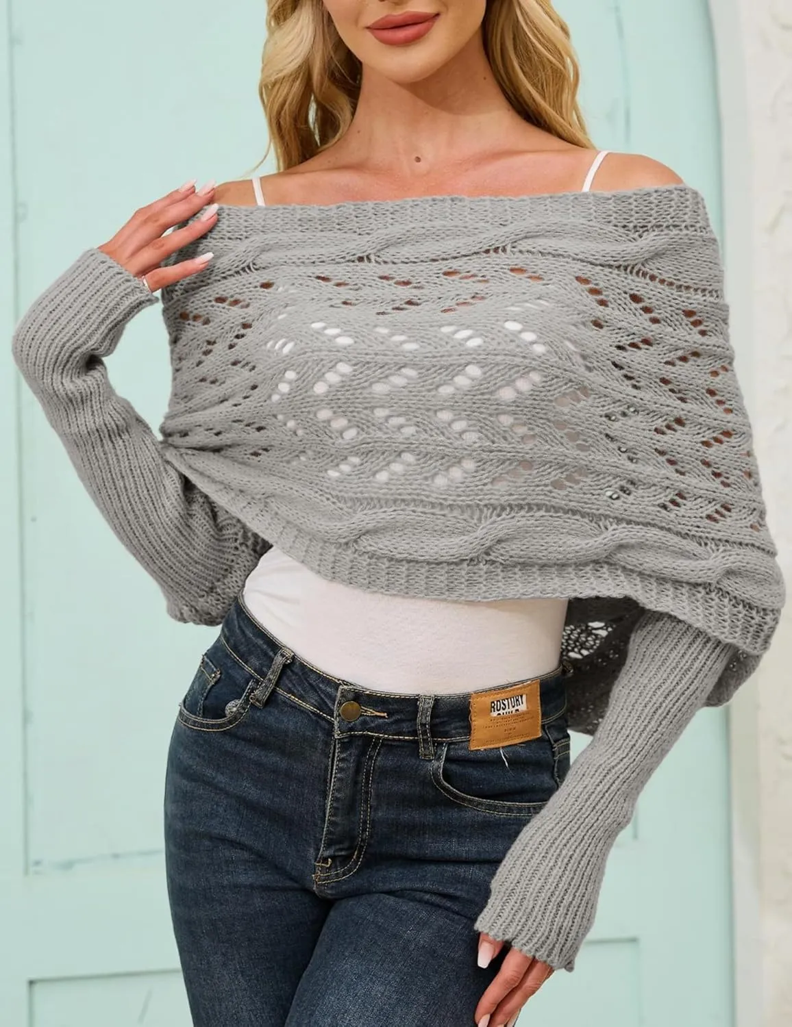 Knitted Cable Wrap, Scarf for Women, Hollow Out Crochet Cocoon Shrugs, 2024 Trendy Knit Sweater Scarf with Sleeves