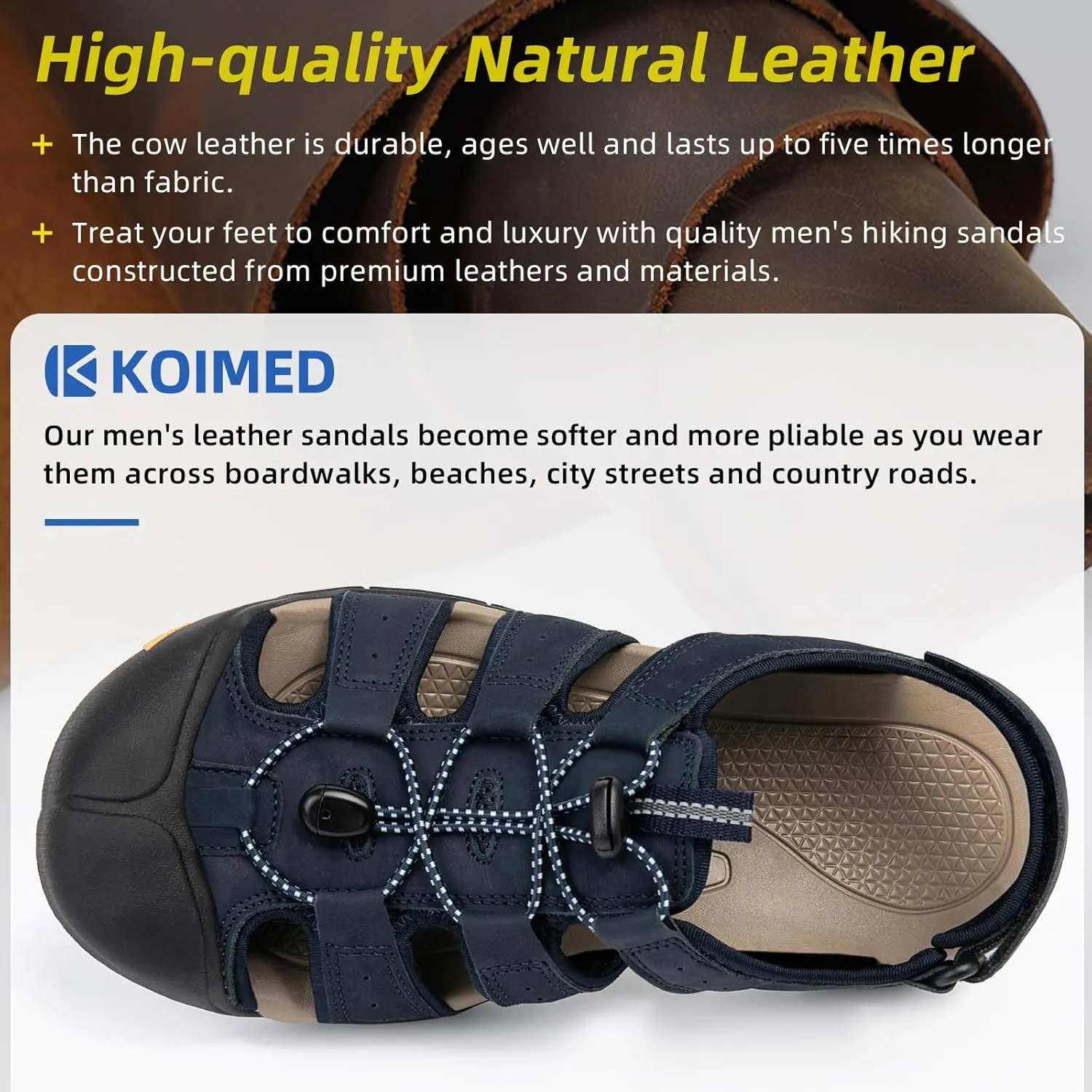 KOIMED Men's Hiking Leather Sandals Closed Toe Water Shoes For Summer Athletic Outdoor Walking Sports Trail River Fishing Wide Adjustable Waterproof Arch Support