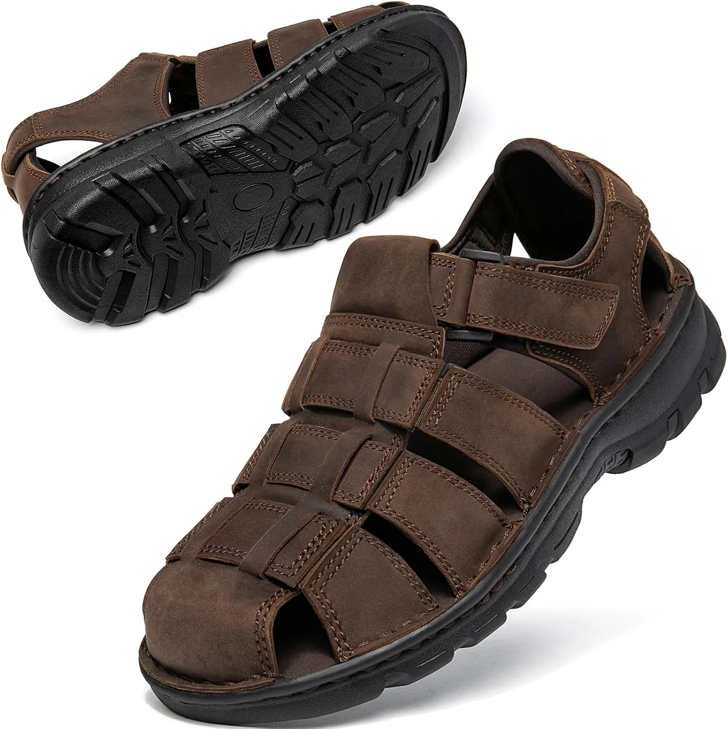 KOIMED Men's Hiking Leather Sandals Closed Toe Water Shoes For Summer Athletic Outdoor Walking Sports Trail River Fishing Wide Adjustable Waterproof Arch Support