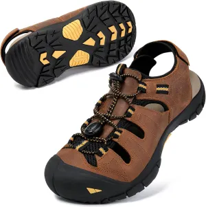 KOIMED Men's Hiking Leather Sandals Closed Toe Water Shoes For Summer Athletic Outdoor Walking Sports Trail River Fishing Wide Adjustable Waterproof Arch Support